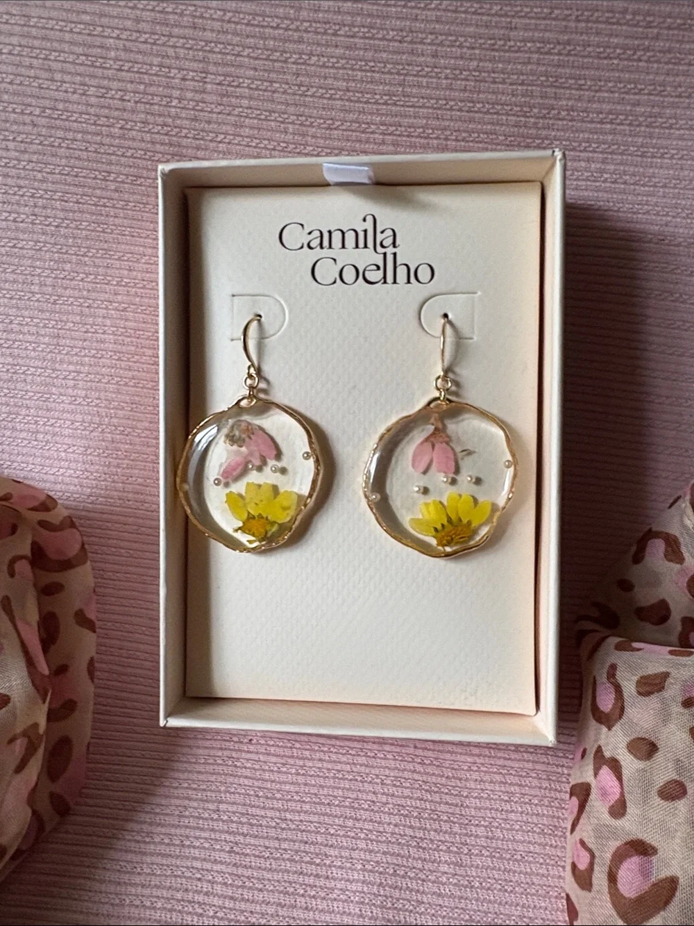Camila Coelho Pink and Yellow Floral Resin Drop Earrings with Gold Trim